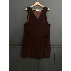Vintage 90s Dark Brown Faux Suede Button Front Mini Sleeveless Dress Size Medium